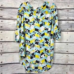 Woman Within 14/16W Floral Chevron Roll Tab Sleeve Blouse